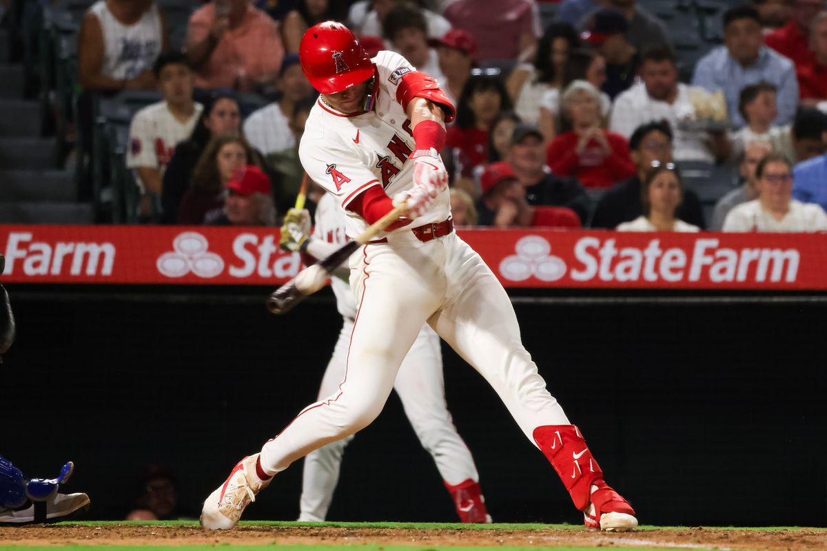 Los Angeles Angels catcher Logan O'Hoppe (14) at bat during the MLB game against the Kansas City Royals Tuesday September 23rd, 2025 at Angel's Stadium in Anaheim, Calif.