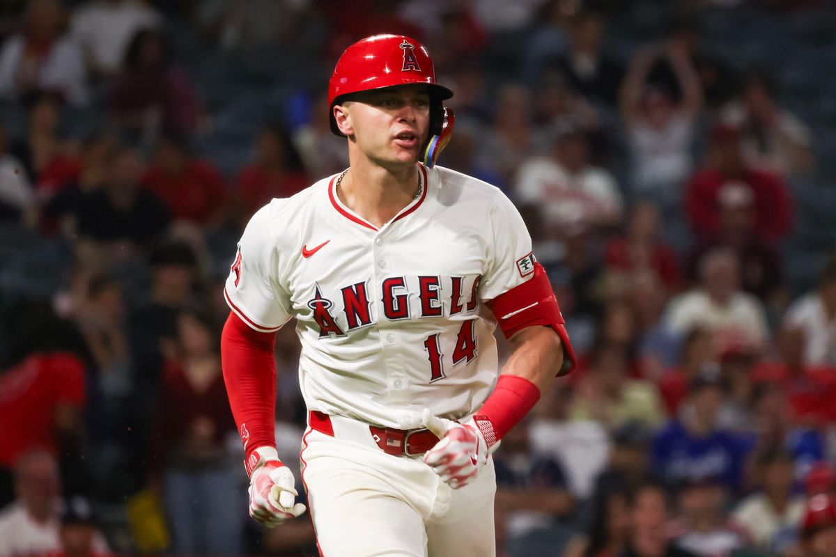 Los Angeles Angels catcher Logan O'Hoppe (14) runs during the MLB game against the Kansas City Royals Tuesday September 23rd, 2025 at Angel's Stadium in Anaheim, Calif.