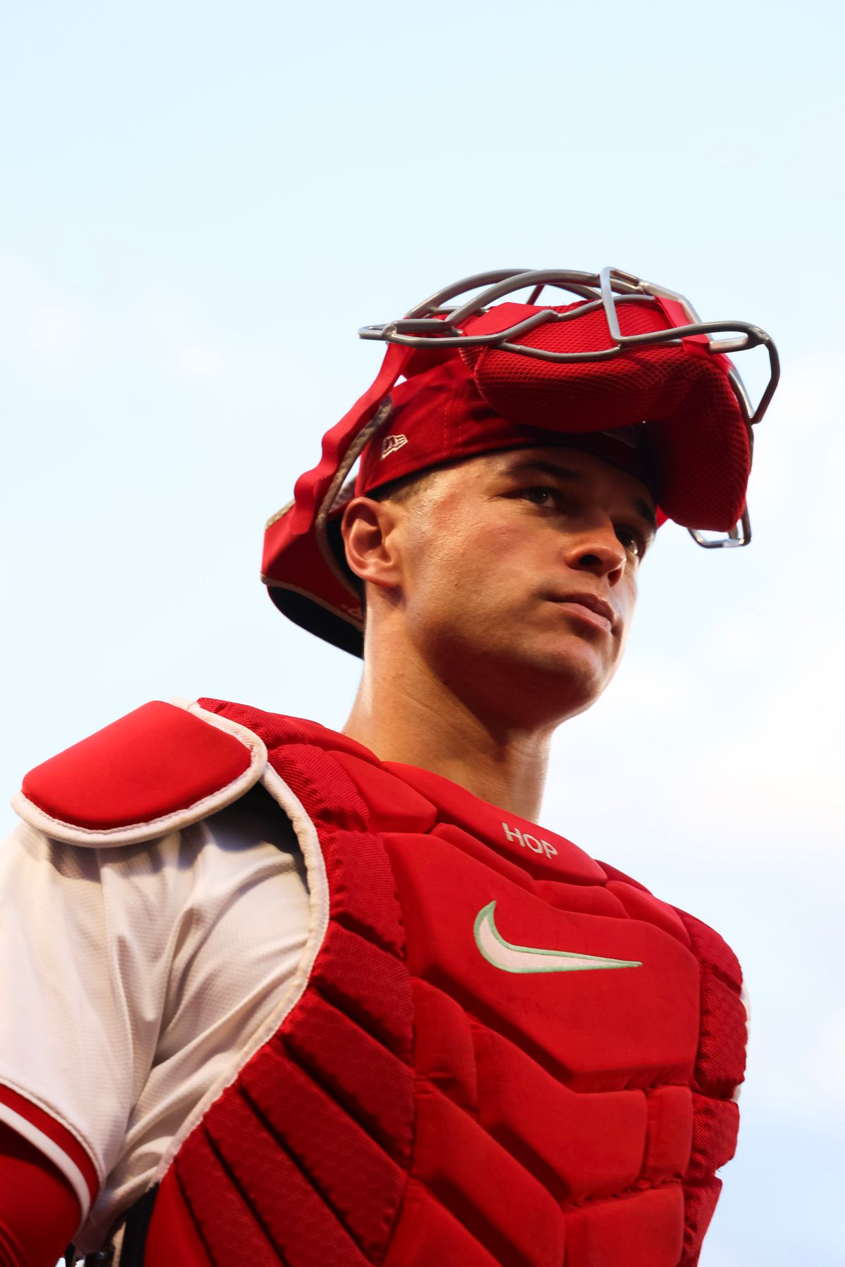 Los Angeles Angels catcher Logan O'Hoppe (14) looks off during the MLB game against the Kansas City Royals Tuesday September 23rd, 2025 at Angel's Stadium in Anaheim, Calif.