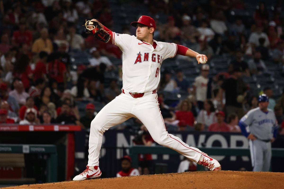 Los Angeles Angels left handed pitcher Sam Aldegheri (61) delivers a pitch during the MLB game against the Kansas City Royals Tuesday September 23rd, 2025 at Angel's Stadium in Anaheim, Calif.