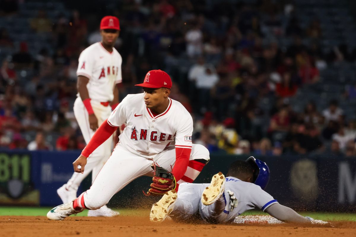 Los Angeles Angels infielder Christian Moore (4) tags a runner during the MLB game against the Kansas City Royals Tuesday September 23rd, 2025 at Angel's Stadium in Anaheim, Calif.