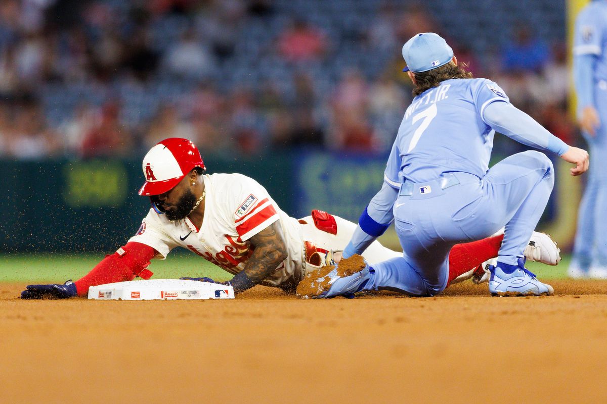 Luis Rengifo #2 of the Los Angeles Angels slides safe into second base against Bobby Witt Jr. #7 of the Kansas City Royals during the game at Angel Stadium of Anaheim on September 24, 2025 in Anaheim, California. Luis Rengifo #2 of the Los Angeles Angels slides safe into second base against Bobby Witt Jr. #7 of the Kansas City Royals during the game at Angel Stadium of Anaheim on September 24, 2025 in Anaheim, California.