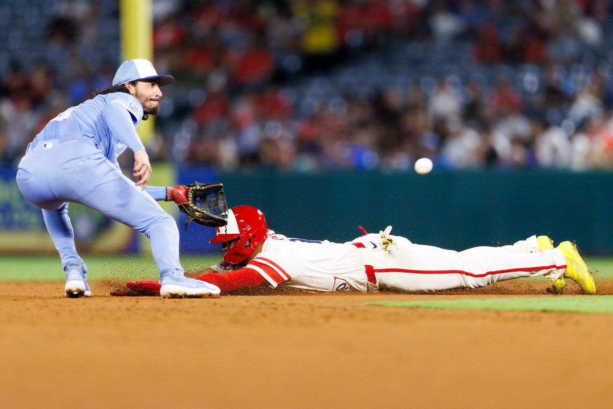 Oswald Peraza #10 of the Los Angeles Angels slides safe into second base against Jonathan India #6 of the Kansas City Royals during the game at Angel Stadium of Anaheim on September 24, 2025 in Anaheim, California. Oswald Peraza #10 of the Los Angeles Angels slides safe into second base against Jonathan India #6 of the Kansas City Royals during the game at Angel Stadium of Anaheim on September 24, 2025 in Anaheim, California.