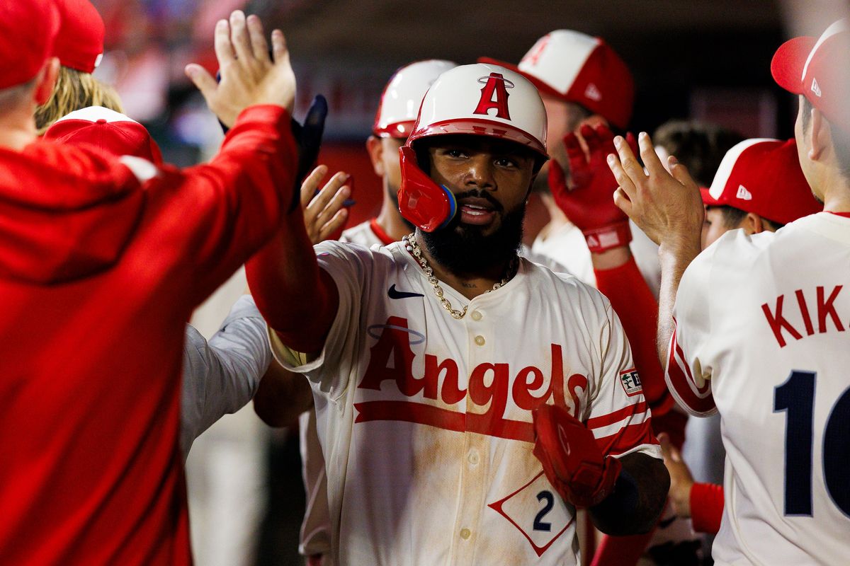 Luis Rengifo #2 of the Los Angeles Angels celebrates in the dugout during the game against the Kansas City Royals at Angel Stadium of Anaheim on September 24, 2025 in Anaheim, California. Luis Rengifo #2 of the Los Angeles Angels celebrates in the dugout during the game against the Kansas City Royals at Angel Stadium of Anaheim on September 24, 2025 in Anaheim, California.