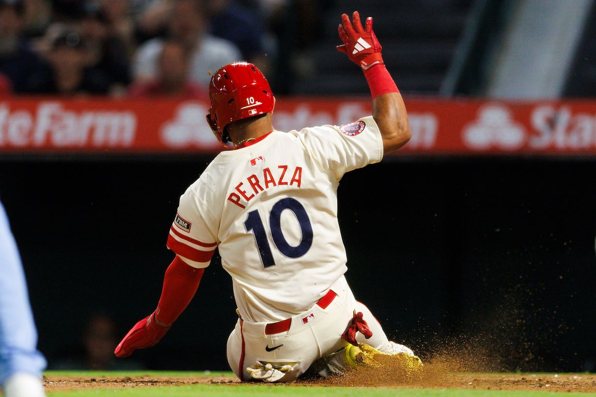 Oswald Peraza #10 of the Los Angeles Angels slides into home plate during the game against the Kansas City Royals at Angel Stadium of Anaheim on September 24, 2025 in Anaheim, California. Oswald Peraza #10 of the Los Angeles Angels slides into home plate during the game against the Kansas City Royals at Angel Stadium of Anaheim on September 24, 2025 in Anaheim, California.