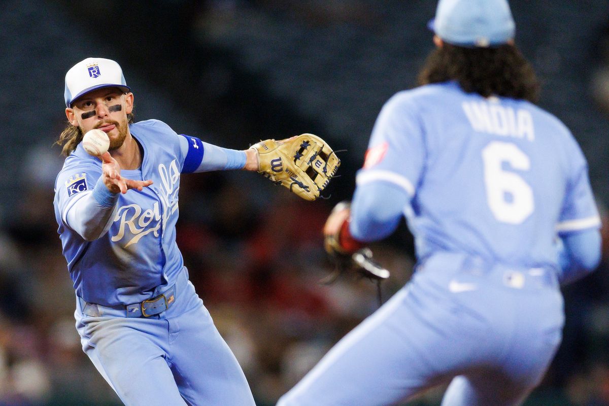 Bobby Witt Jr. #7 of the Kansas City Royals tosses the ball to Jonathan India #6 of the Kansas City Royals during the game against the Los Angeles Angels at Angel Stadium of Anaheim on September 24, 2025 in Anaheim, California. Bobby Witt Jr. #7 of the Kansas City Royals tosses the ball to Jonathan India #6 of the Kansas City Royals during the game against the Los Angeles Angels at Angel Stadium of Anaheim on September 24, 2025 in Anaheim, California.