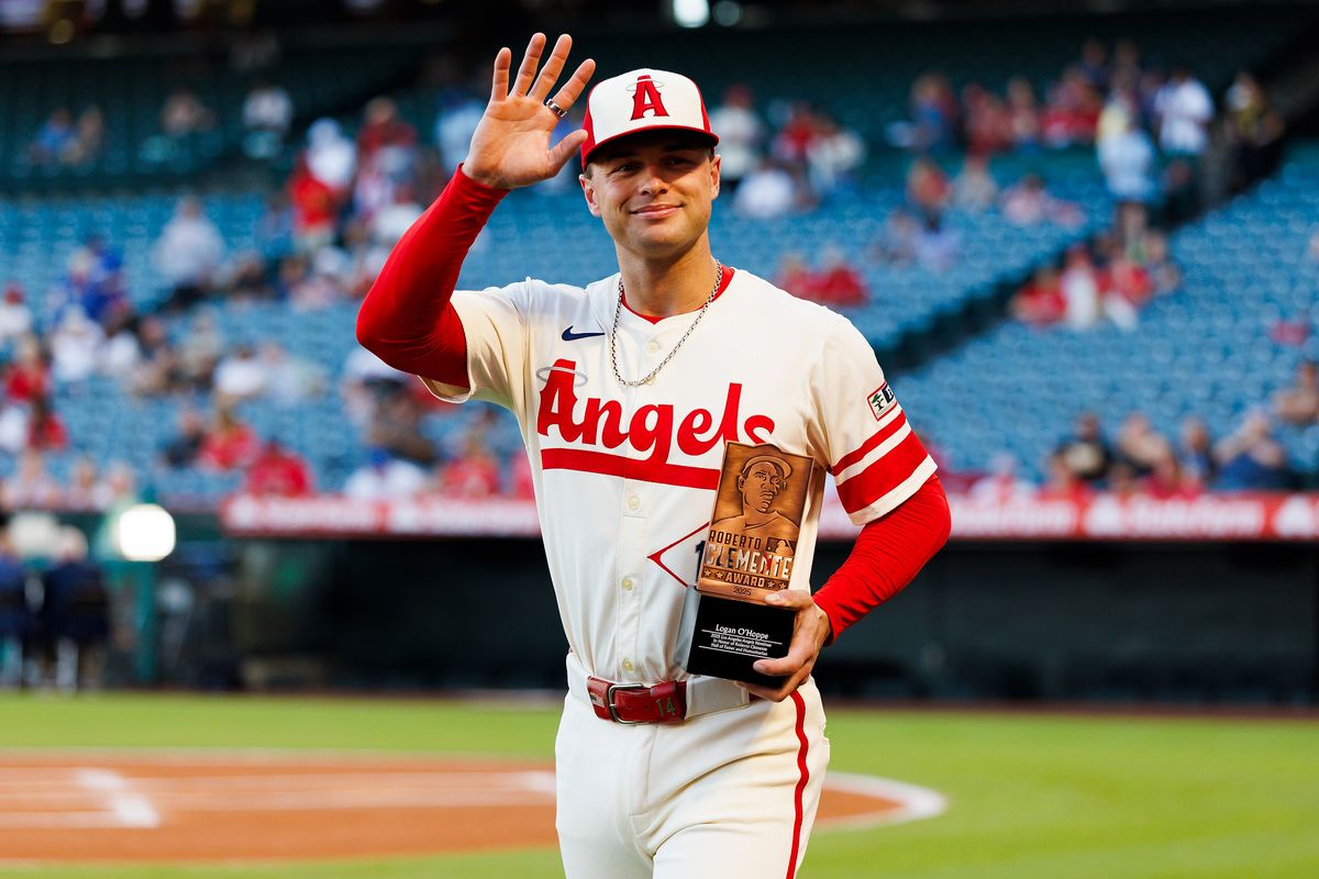 Logan O’Hoppe #14 of the Los Angeles Angels accepts the Roberto Clemente Award before the game against the Kansas City Royals at Angel Stadium of Anaheim on September 24, 2025 in Anaheim, California. Logan O’Hoppe #14 of the Los Angeles Angels accepts the Roberto Clemente Award before the game against the Kansas City Royals at Angel Stadium of Anaheim on September 24, 2025 in Anaheim, California.