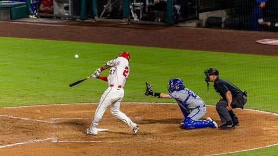 Mike Trout #27 of the Los Angeles Angels hits the ball against the Kansas City Royals at the Angels Stadium on September 25, 2025 in Anaheim, California.