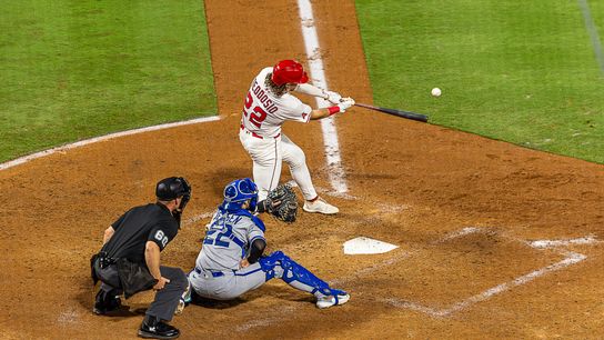 Bryce Teodosio #22 of the Los Angeles Angels swings for a hit against the Kansas City Royals at the Angels Stadium on September 25, 2025 in Anaheim, California.