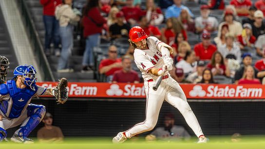 Bryce Teodosio #22 of the Los Angeles Angels against the Kansas City Royals at the Angels Stadium on September 25, 2025 in Anaheim, California.