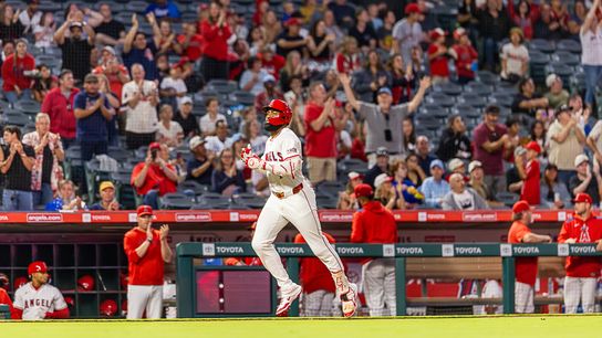 Jo Adell #7 of the Los Angeles Angels after his home run against the Kansas City Royals at the Angels Stadium on September 25, 2025 in Anaheim, California.