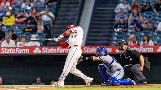 Mike Trout #27 of the Los Angeles Angels against the Kansas City Royals at the Angels Stadium on September 25, 2025 in Anaheim, California.