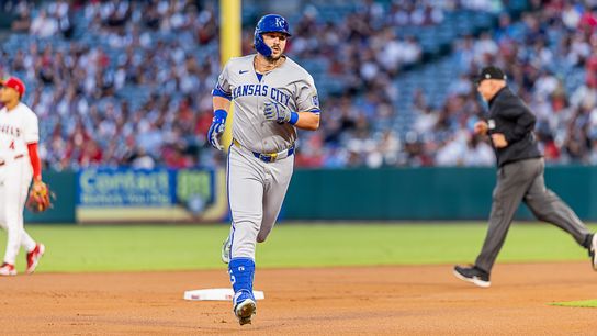 Vinnie Pasquantino #9 of the Kansas City Royals after his home run against the Los Angeles Angels at the Angels Stadium on September 25, 2025 in Anaheim, California.