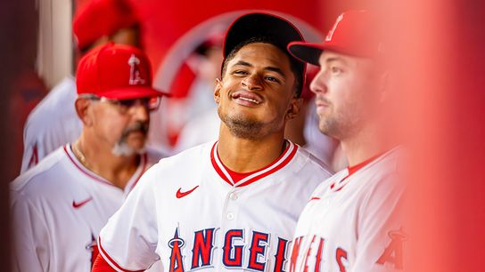 Christian Moore #4 of the Los Angeles Angels after his home run against the Kansas City Royals at the Angels Stadium on September 25, 2025 in Anaheim, California.