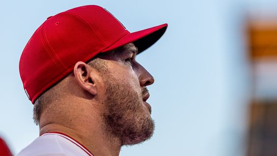 Mike Trout #27 of the Los Angeles Angels against the Kansas City Royals at the Angels Stadium on September 25, 2025 in Anaheim, California.