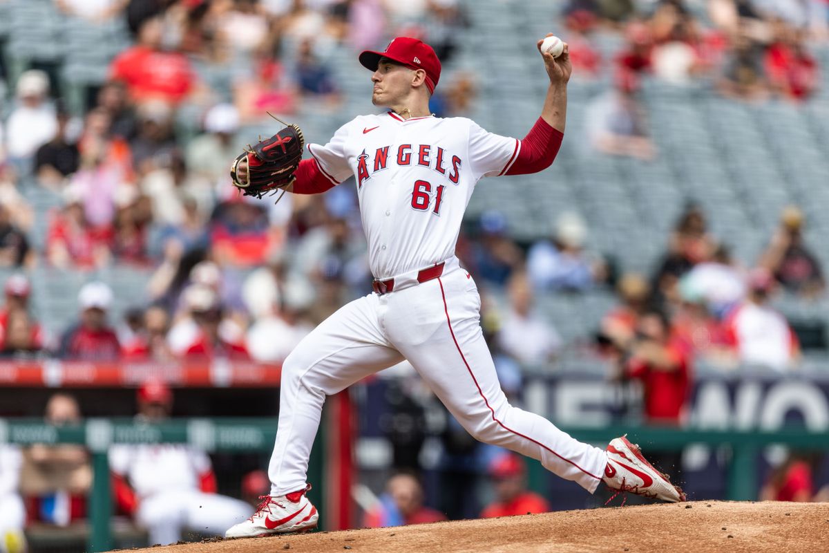 Los Angeles Angels pitcher Sam Aldegheri (61) pitches during the MLB game against the Houston Astros, Sunday September 28th, 2025 at Angel's Stadium in Anaheim, Calif.