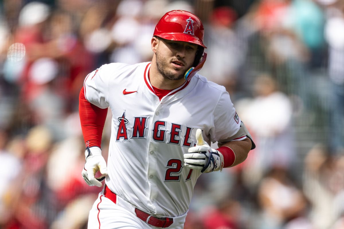 Los Angeles Angels outfielder Mike Trout (27) hits a home run during the MLB game against the Houston Astros, Sunday September 28th, 2025 at Angel's Stadium in Anaheim, Calif.