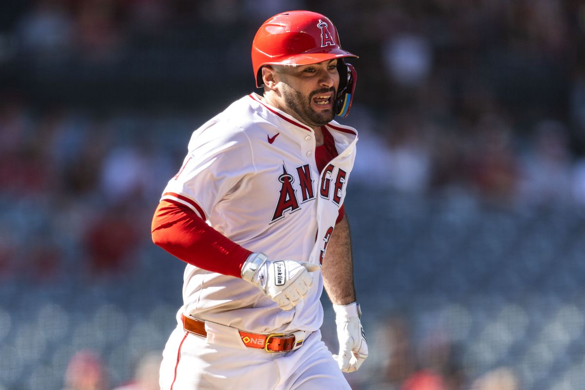 Los Angeles Angels catcher Sebastián Rivero (38) visibly happy after getting a run onto first base during the MLB game against the Houston Astros on Sunday, September 28, 2025, at Angel Stadium in Anaheim, Calif.