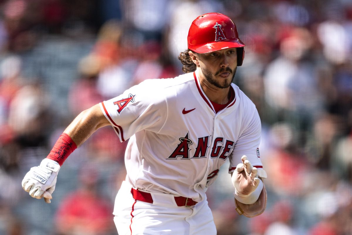 Los Angeles Angels outfielder Bryce Teodosio (22) attempts to run to first base during the MLB game against the Houston Astros on Sunday, September 28, 2025, at Angel Stadium in Anaheim, Calif.