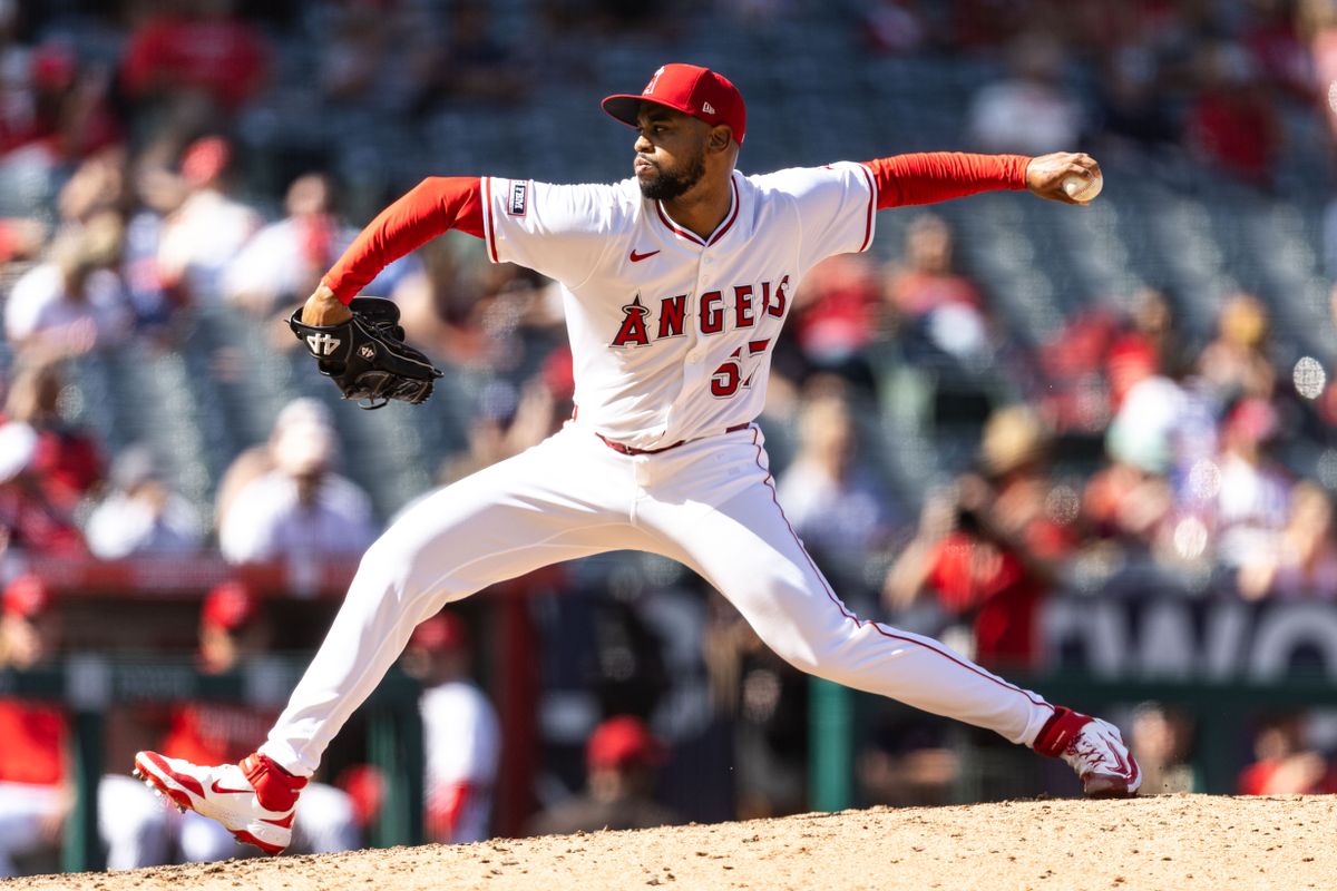 Los Angeles Angels pitcher Sammy Peralta (57) pitches during the MLB game against the Houston Astros on Sunday, September 28, 2025, at Angel Stadium in Anaheim, Calif.
