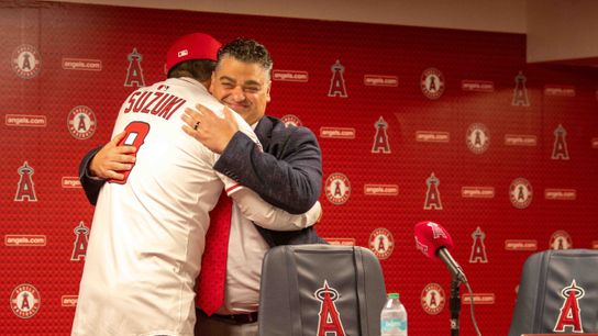 Kurt Suzuki addresses the media as he's introduced as Angels Manager alongside Angels GM Perry Minasian. Kurt Suzuki addresses the media as he's introduced as Angels Manager alongside Angels GM Perry Minasian.