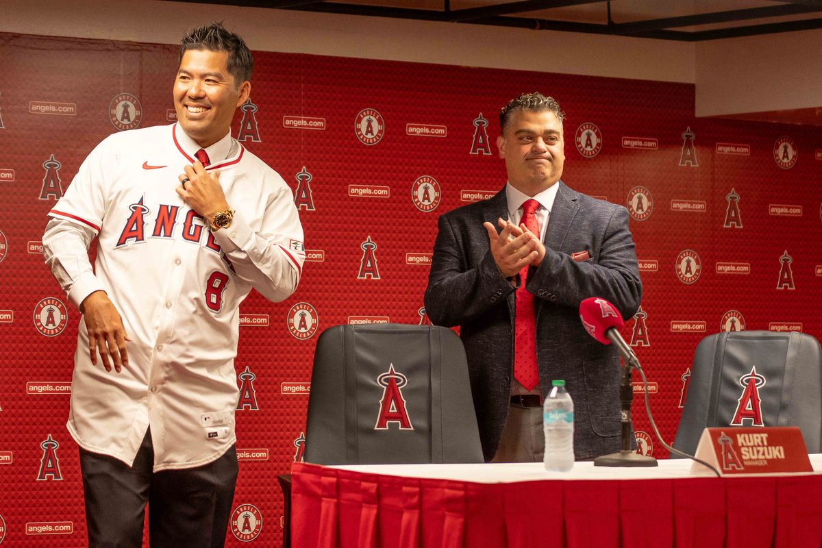 Kurt Suzuki introduced as Angels Manager alongside Angels GM Perry Minasian.