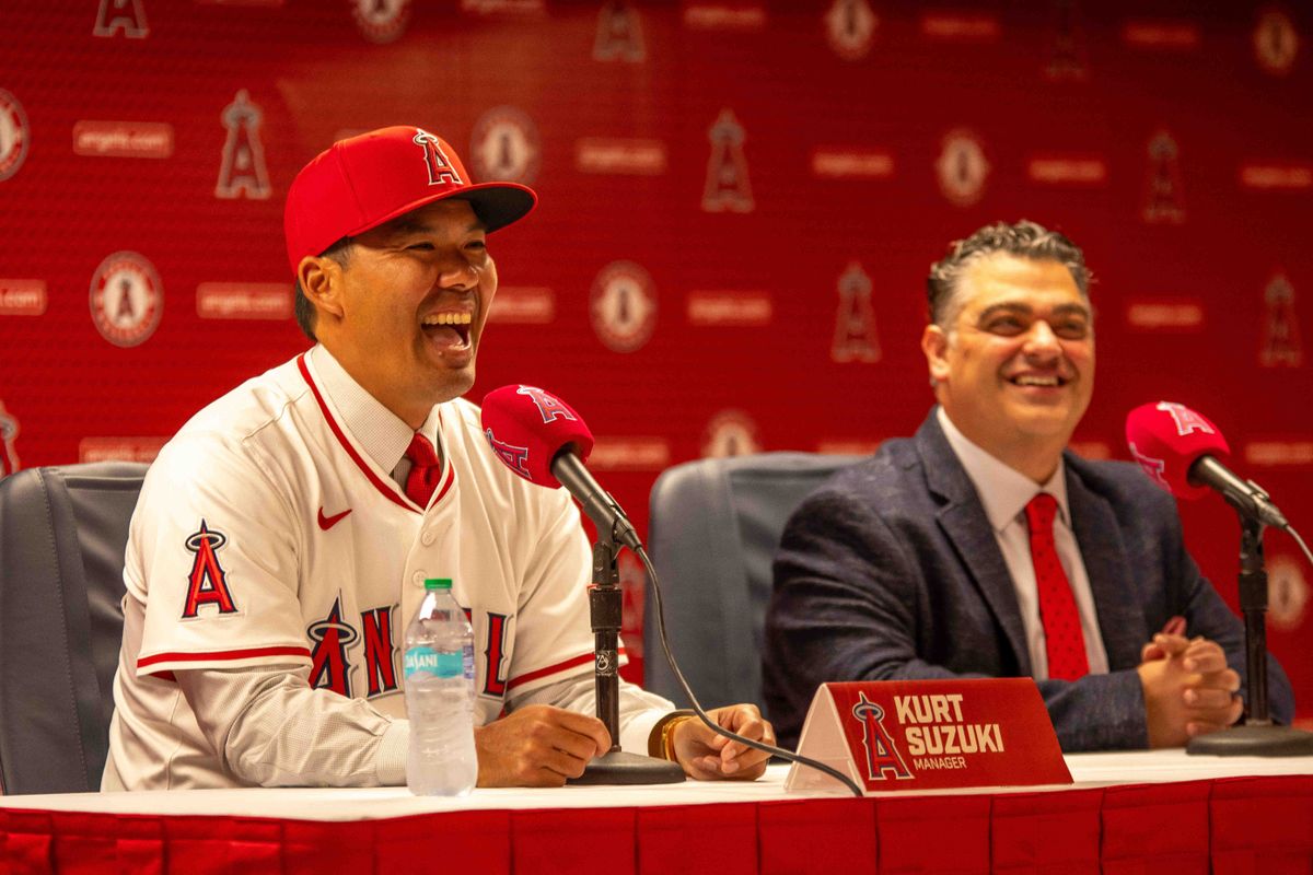 Kurt Suzuki introduced as Angels Manager alongside Angels GM Perry Minasian.