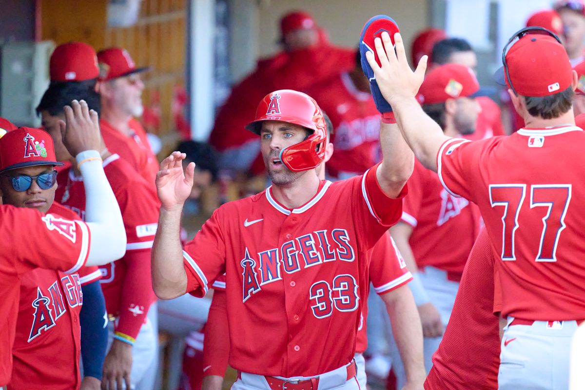 The Los Angeles Angels left fielder Chris Taylor (33) celebrates a run scored against The Arizona Diamondbacks ,February 22nd, 2026 in Scottsdale Arizona. The Los Angeles Angels left fielder Chris Taylor (33) celebrates a run scored against The Arizona Diamondbacks ,February 22nd, 2026 in Scottsdale Arizona.