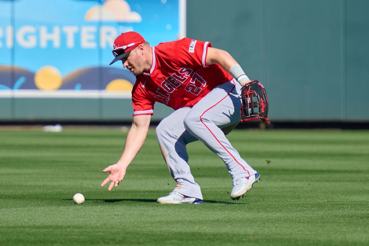 The Los Angeles Angels center fielder Mike Trout (27) grabs a ground ball against The Arizona Diamondbacks ,February 22nd, 2026 in Scottsdale Arizona. The Los Angeles Angels center fielder Mike Trout (27) grabs a ground ball against The Arizona Diamondbacks ,February 22nd, 2026 in Scottsdale Arizona.