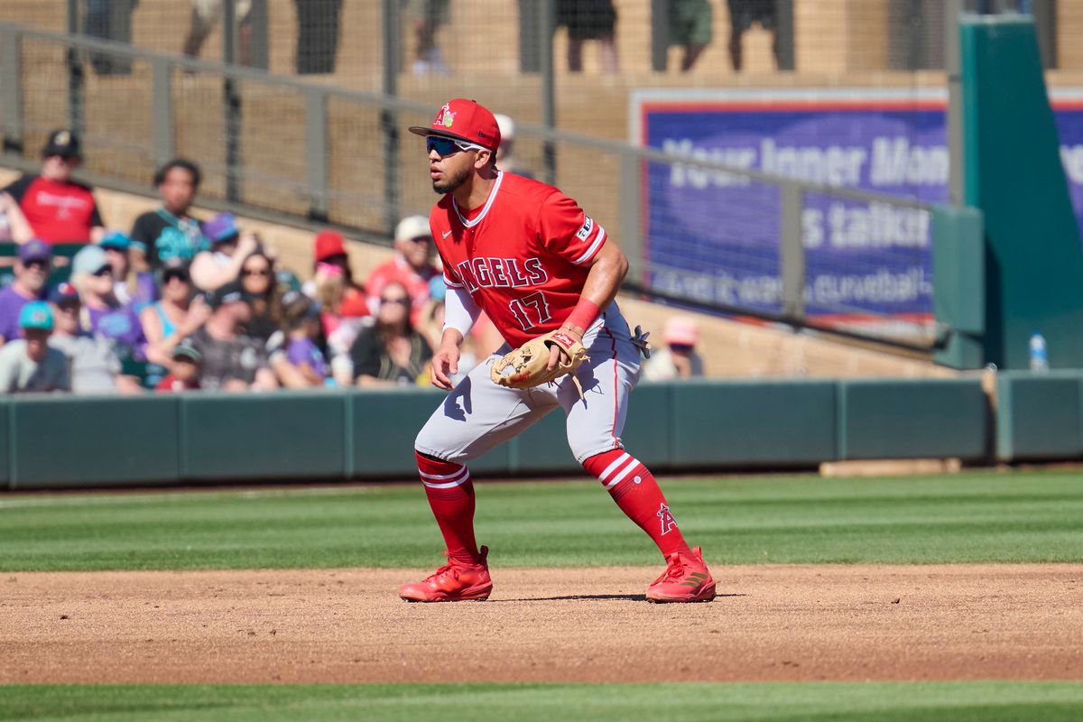 The Los Angeles Angels third baseman Oswald Peraza (17) on field against The Arizona Diamondbacks ,February 22nd, 2026 in Scottsdale Arizona. The Los Angeles Angels third baseman Oswald Peraza (17) on field against The Arizona Diamondbacks ,February 22nd, 2026 in Scottsdale Arizona.