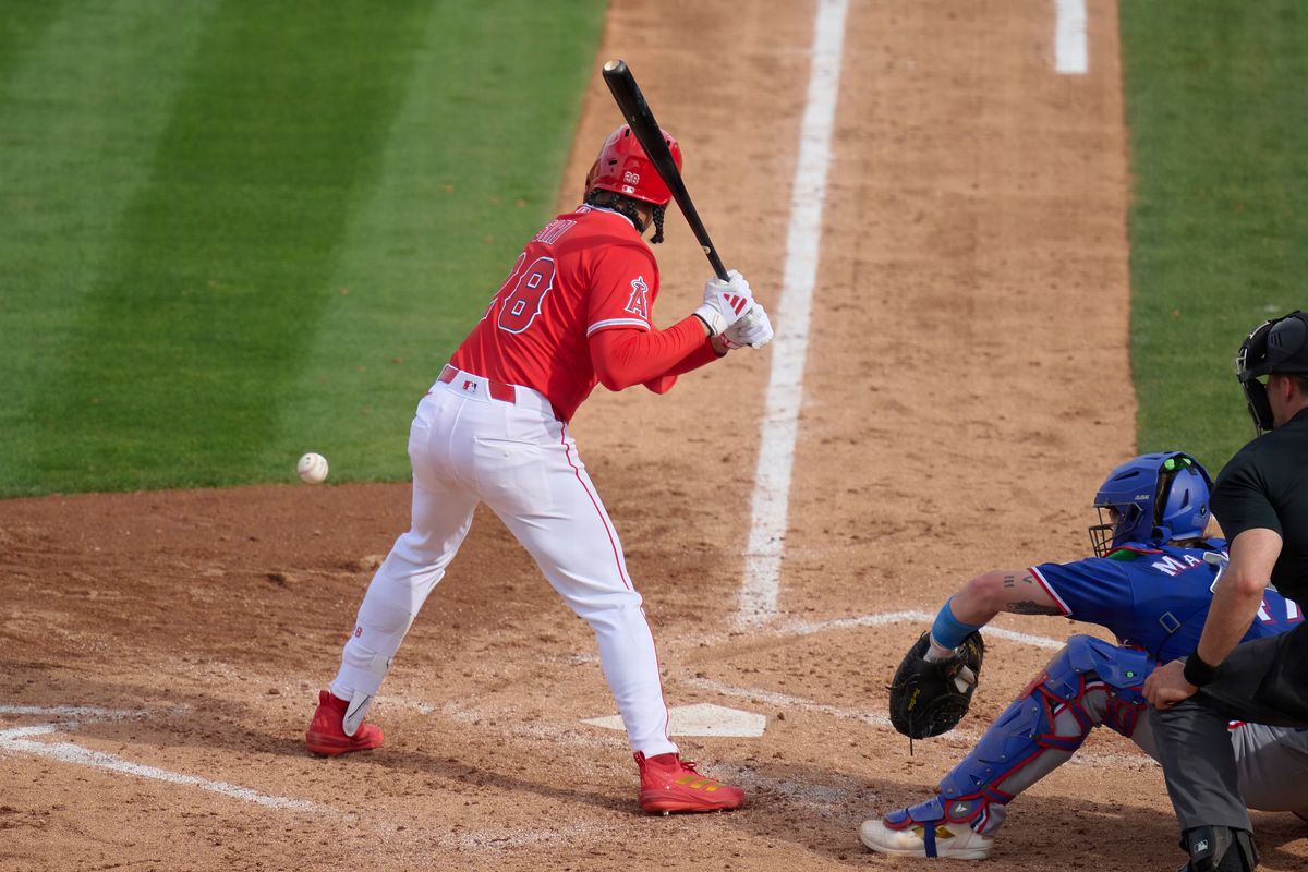 The Los Angeles Angels outfielder Jose Siri (28) at bat against The Texas Rangers ,February 23rd, 2026 in Tempe  Arizona.
