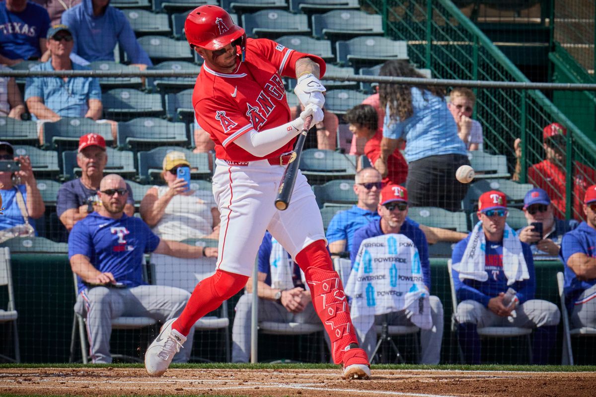 The Los Angeles Angels short stop Zach Neto (9) bat’s against The Texas Rangers ,February 23rd, 2026 in Tempe  Arizona.