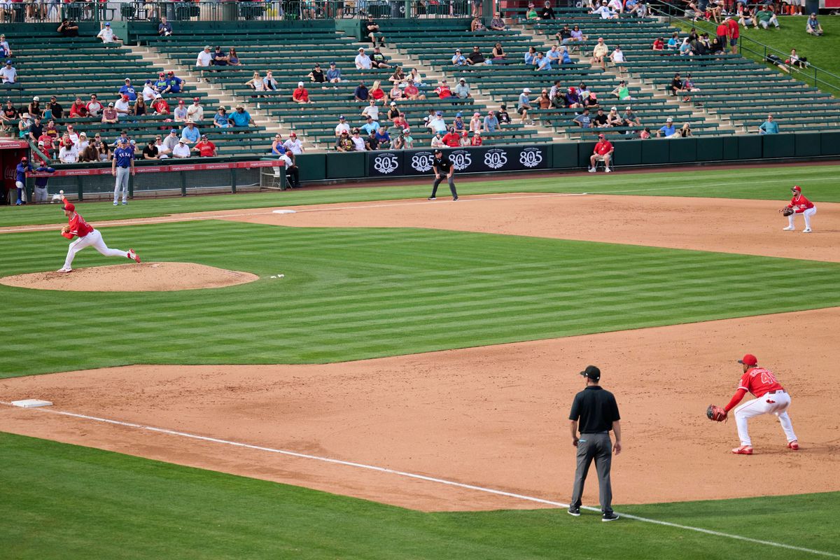 The Los Angeles Angels play the field against The Texas Rangers ,February 23rd, 2026 in Tempe  Arizona.
