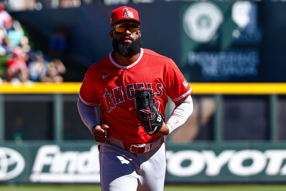 Los Angeles Angels OF Jo Adell (7) jogs towards the dugout at the end of an inning against the Athletics on Saturday March 7, 2026, in Las Vegas, Nevada. 