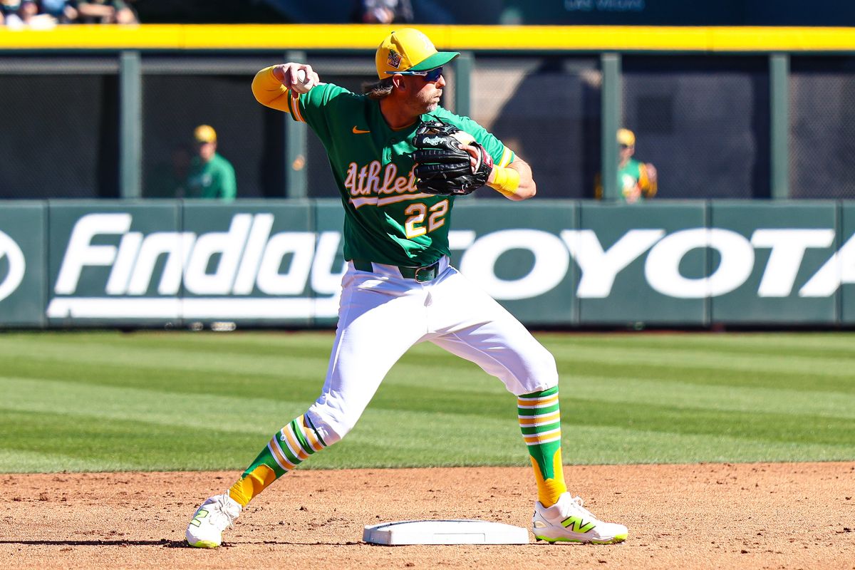 Athletics INF Jeff McNeil (22) turns a double play against the Los Angeles Angels on Saturday March 7, 2026, in Las Vegas, Nevada. 