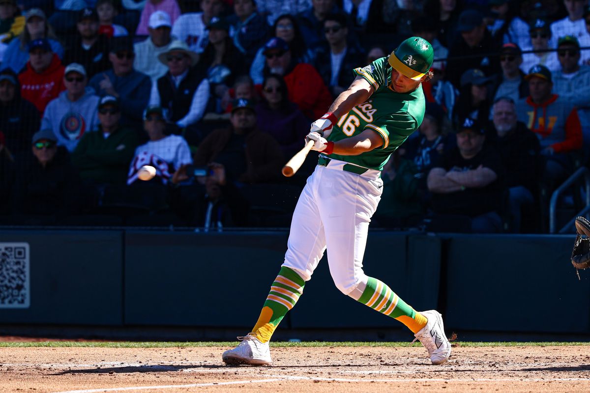 Athletics 1B Nick Kurtz (16) hits a single during an MLB Spring Training game against the Los Angeles Angels on Saturday March 7, 2026, in Las Vegas, Nevada. 
