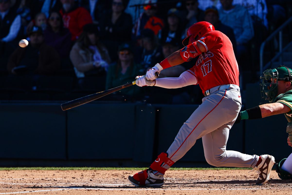 Los Angeles Angels INF Oswald Peraza (17) hits a 2-RBI double against the Athletics on Saturday March 7, 2026, in Las Vegas, Nevada. 