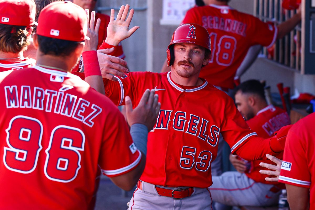 Los Angeles Angels OF Wade Meckler (53) high fives his teammates after scoring a run against the Athletics on Saturday March 7, 2026, in Las Vegas, Nevada. 