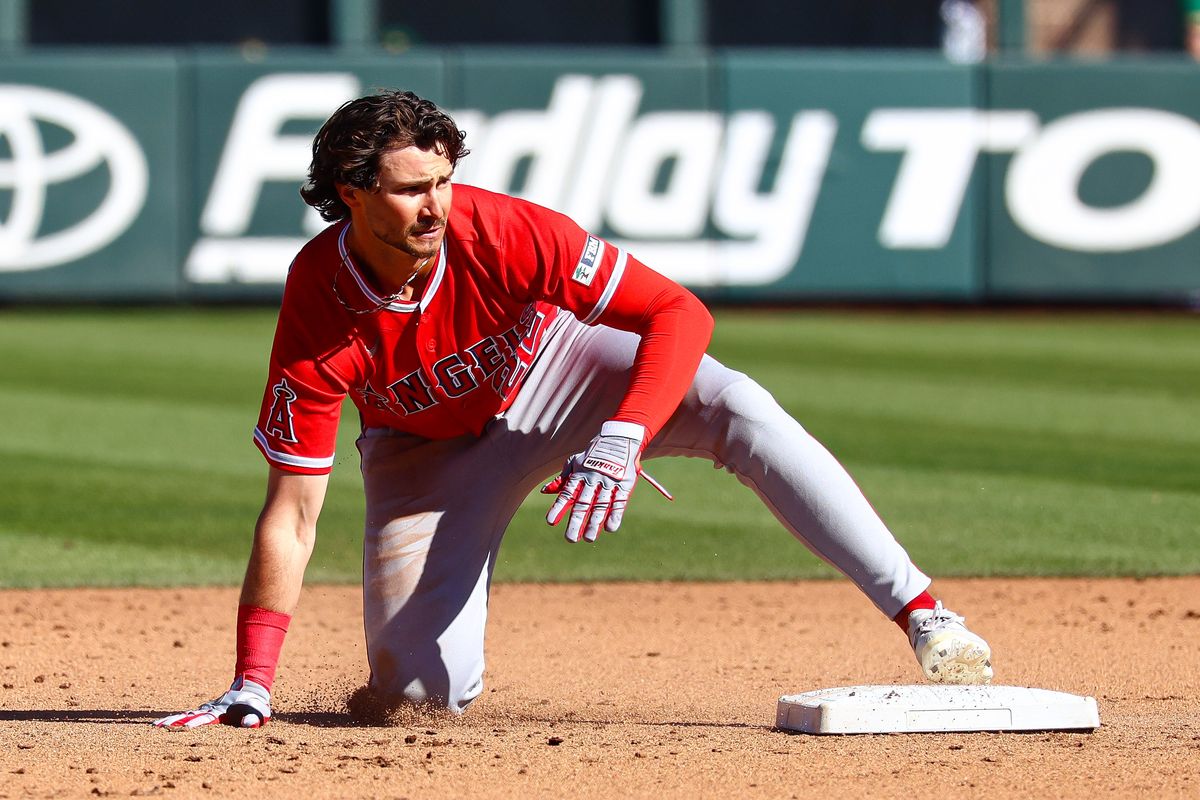 Los Angeles Angels OF Bryce Teodosio (22) slides into second base during an MLB Spring Training game against the Athletics on Saturday March 7, 2026, in Las Vegas, Nevada. 