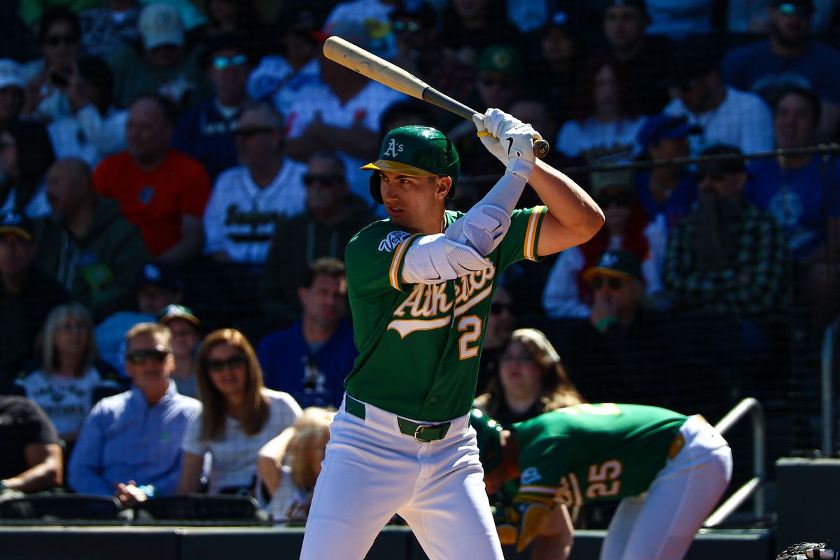 Athletics OF Tyler Soderstrom (21) stands in the box during an MLB Spring Training game against the Los Angeles Angels on Sunday March 8, 2026, in Las Vegas, Nevada. 