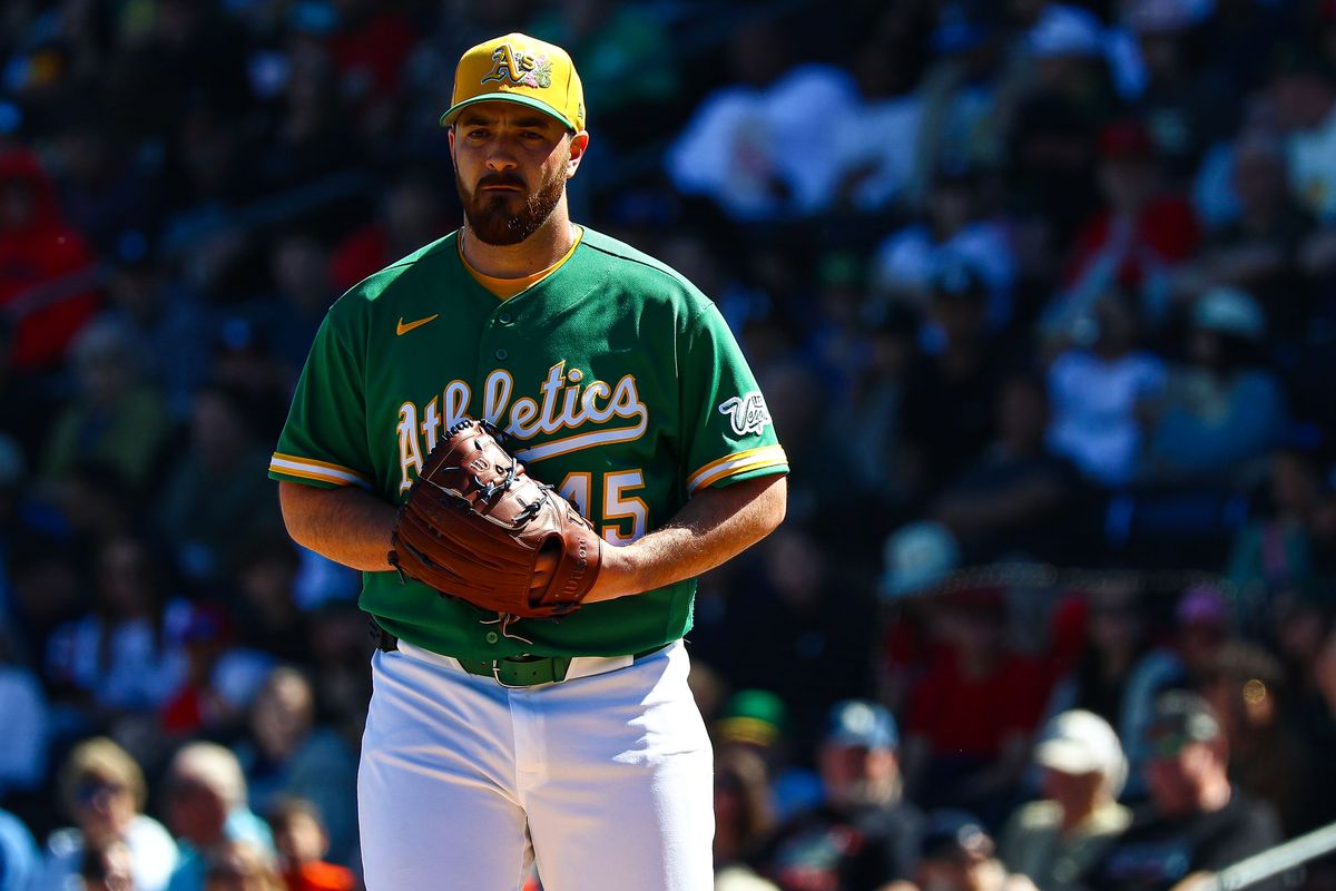 Athletics RHP Aaron Civale (45) starts against the Los Angeles Angels on Sunday March 8, 2026, in Las Vegas, Nevada. 
