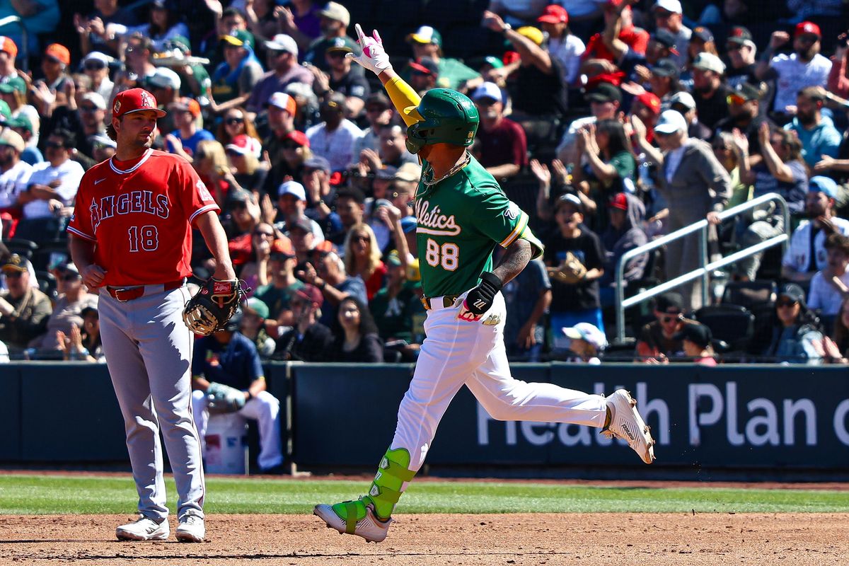  Athletics INF Tommy White (88) points towards the bullpen after hitting a home run against the Los Angeles Angels on Sunday March 8, 2026, in Las Vegas, Nevada. 