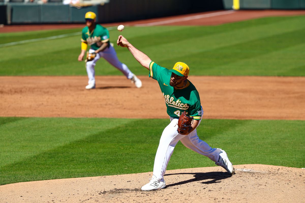 Athletics RHP Aaron Civale (45) throws a pitch against the Los Angeles Angels on Sunday March 8, 2026, in Las Vegas, Nevada. 