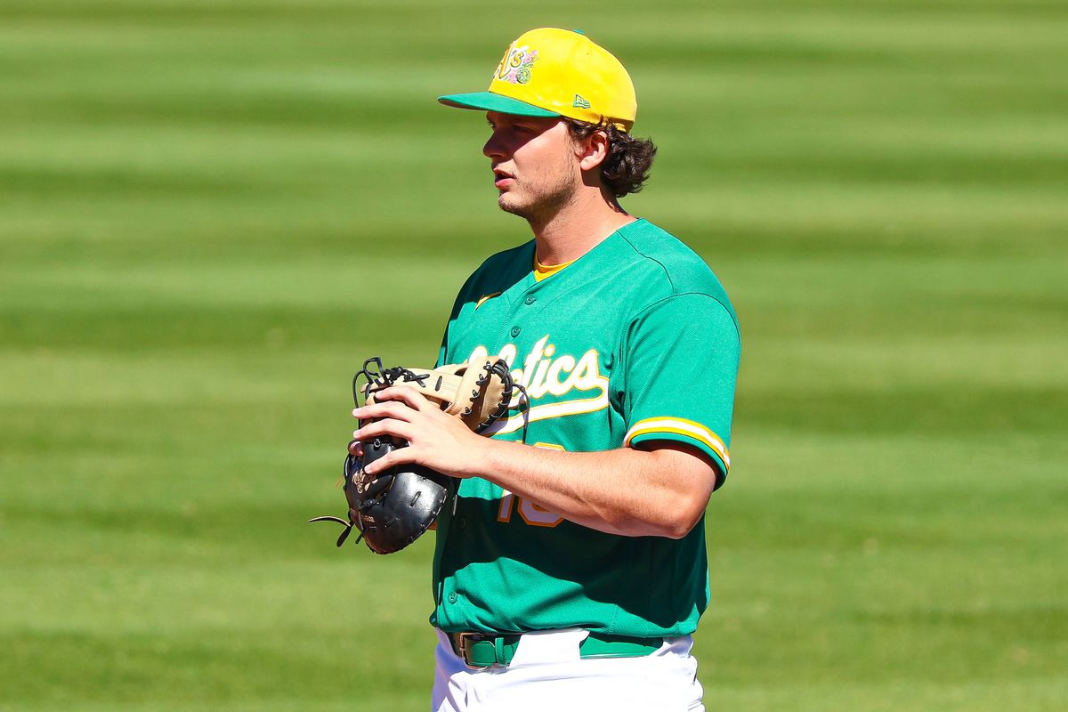 Athletics 1B Nick Kurtz (16) starts at first base against the Los Angeles Angels on Sunday March 8, 2026, in Las Vegas, Nevada. 