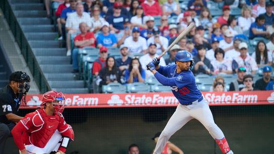 The Los Angeles Dodgers short stop Mookie Betts (50) at bat during a Spring Training Game against The Los Angeles Angels, March 22nd, 2026 in Anaheim, California.