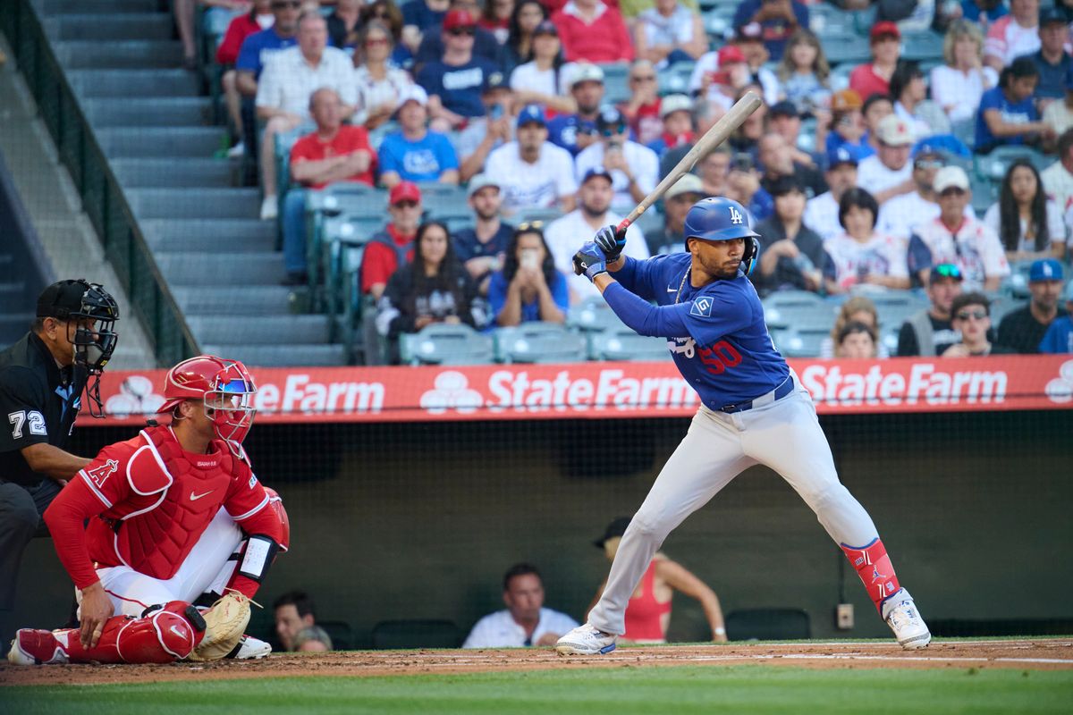 The Los Angeles Dodgers short stop Mookie Betts (50) at bat during a Spring Training Game against The Los Angeles Angels, March 22nd, 2026 in Anaheim, California.