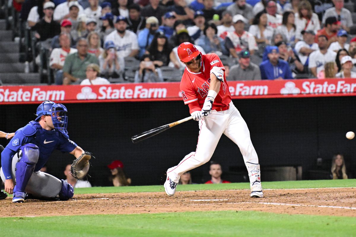 The Los Angeles Angels center fielder Mike Trout (27) at bat during a Spring Training Game against The Los Angeles Dodgers, March 22nd, 2026 in Anaheim, California.