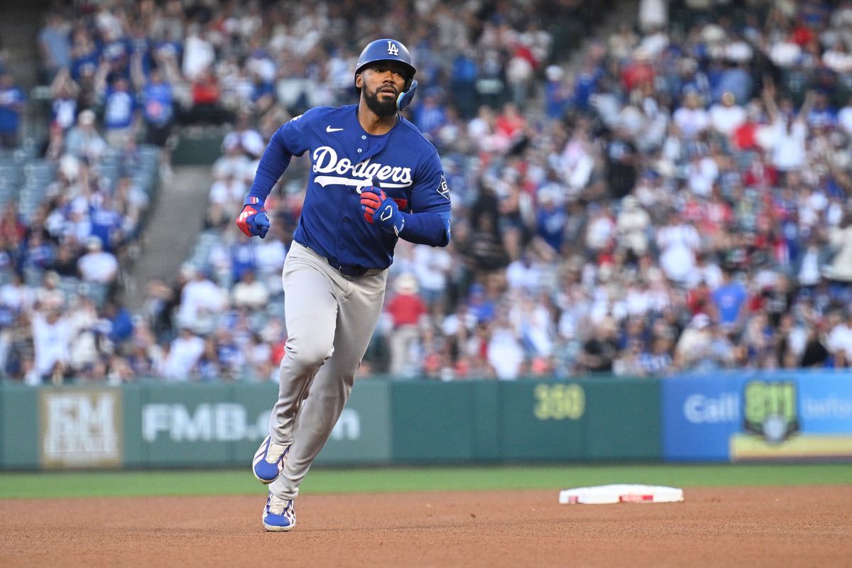 The Los Angeles Dodgers left fielder Teoscar Hernández (37) hits a home run during a Spring Training Game against The Los Angeles Angels, March 22nd, 2026 in Anaheim, California.