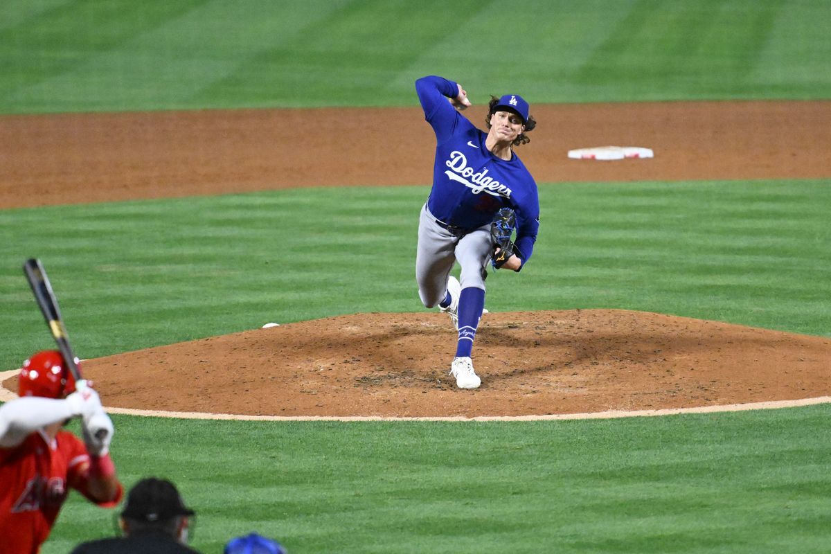 The Los Angeles Dodgers pitcher Tyler Glasnow (31) pitches during a Spring Training Game against The Los Angeles Angels, March 22nd, 2026 in Anaheim, California.