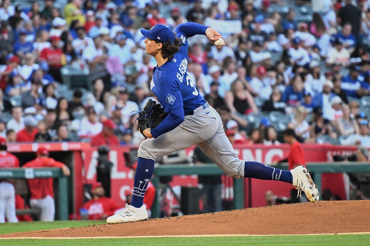 The Los Angeles Dodgers pitcher Tyler Glasnow (31) pitches during a Spring Training Game against The Los Angeles Angels, March 22nd, 2026 in Anaheim, California.